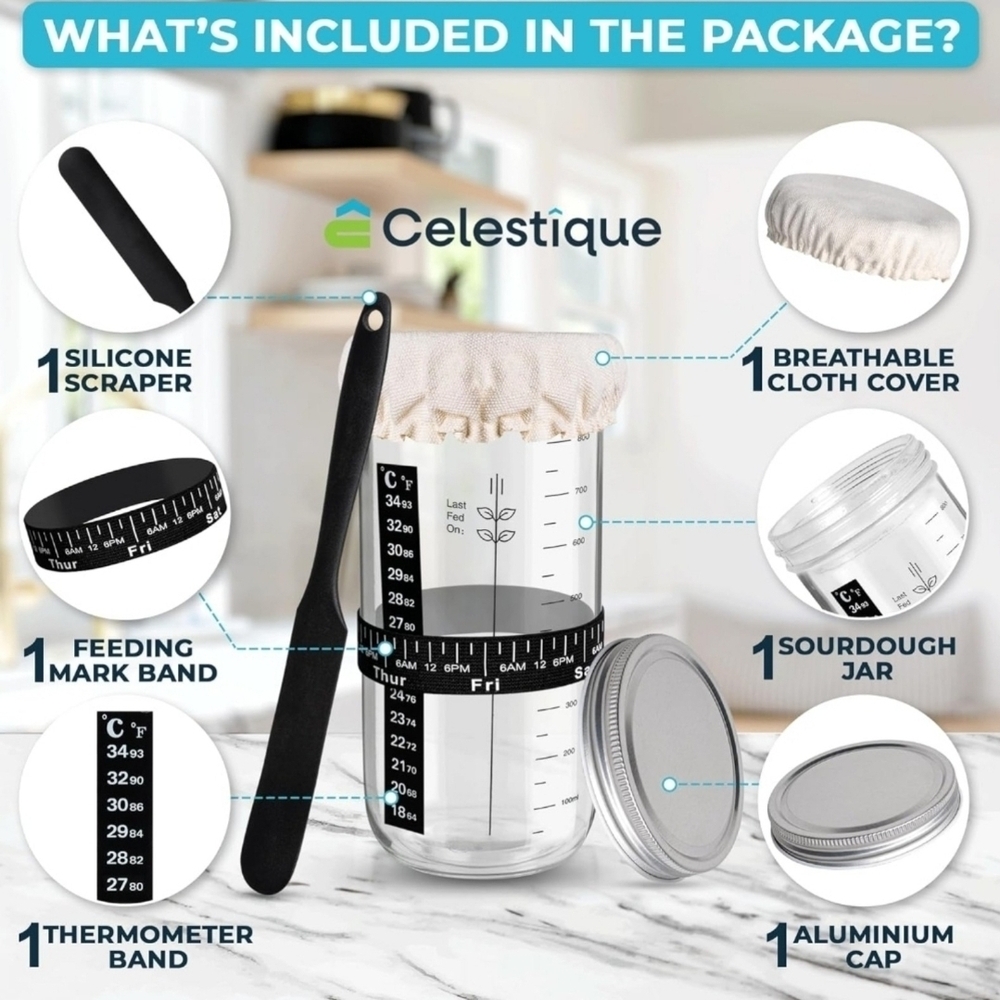Celestique 34oz/ 1000ml Sourdough Starter Jar Kit for Bread Baking - Picture 7 of 7
